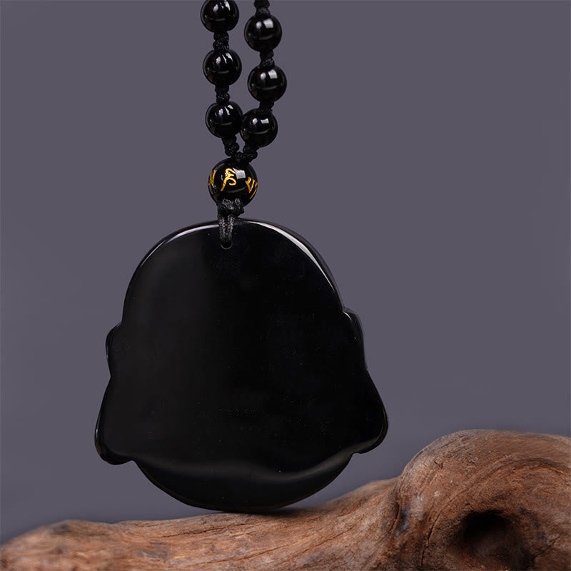 Buddha Stones Ossidiana nera naturale Buddha che ride Collana pendente di purificazione