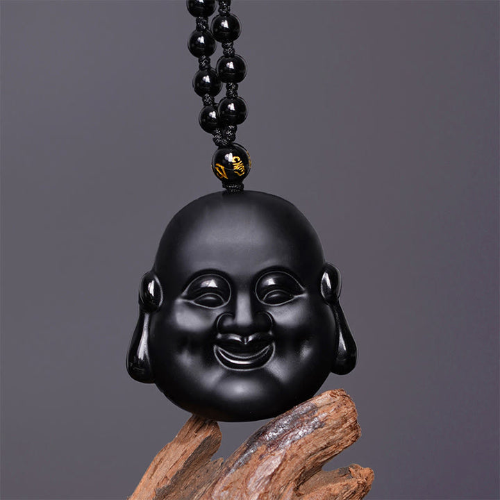 Buddha Stones Ossidiana nera naturale Buddha che ride Collana pendente di purificazione