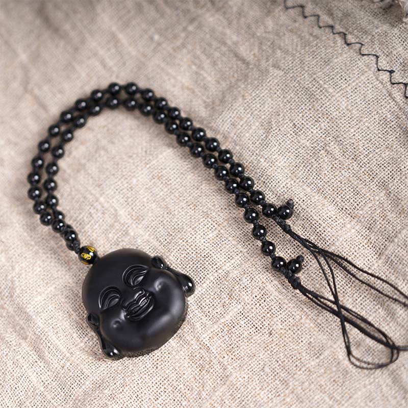Buddha Stones Ossidiana nera naturale Buddha che ride Collana pendente di purificazione