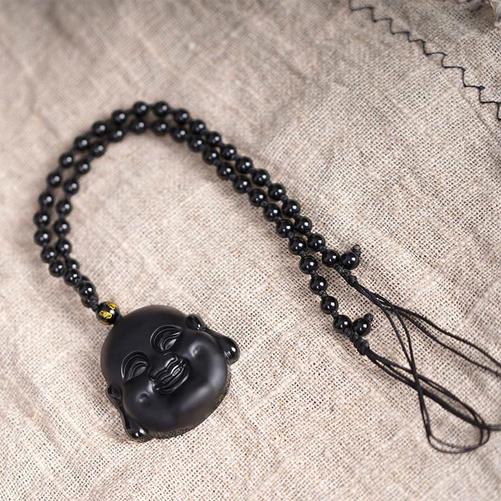 Buddha Stones Ossidiana nera naturale Buddha che ride Collana pendente di purificazione