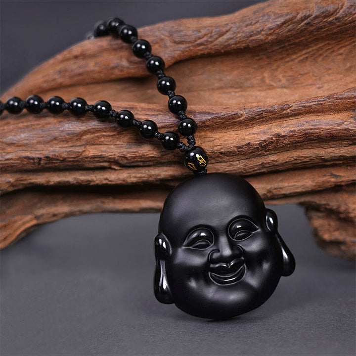 Buddha Stones Ossidiana nera naturale Buddha che ride Collana pendente di purificazione