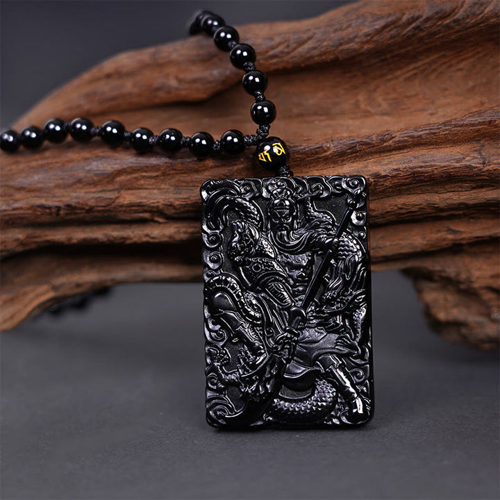 Buddha Stones Amuleto Guan Gong Ossidiana Nera Inciso Forza Collana Pendente
