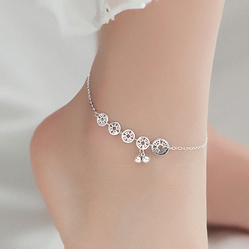 Buddha Stones 925 Argento Sterling Monete di Rame Campanelli Protezione Cavigliera in Metallo