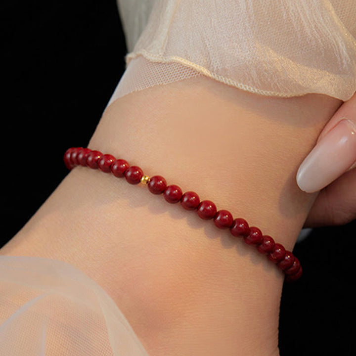 Buddha Stones 925 Sterling Silver Cinnabar Beads Benedizione Cavigliera