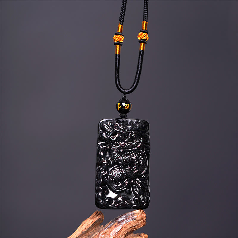 Collana con ciondolo a forma di drago rettangolare in ossidiana nera naturale Buddha Stones incisione - image 4