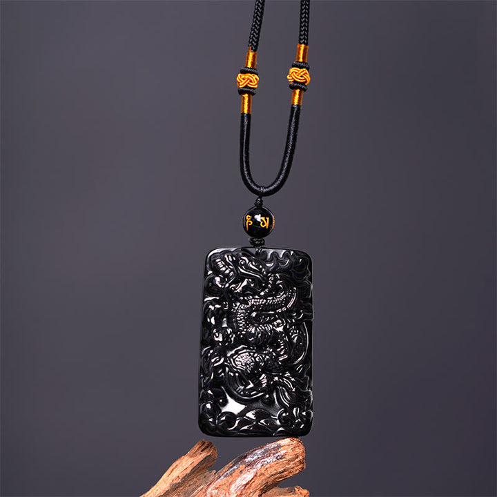 Collana con ciondolo a forma di drago rettangolare in ossidiana nera naturale Buddha Stones incisione - image 4