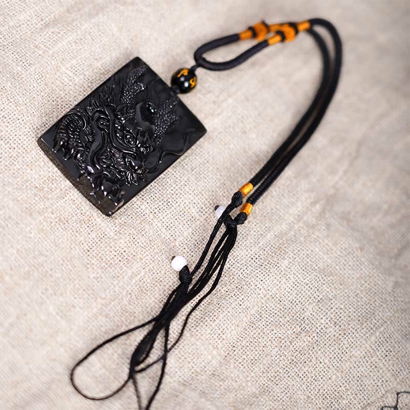 Collana con ciondolo a forma di drago rettangolare in ossidiana nera naturale Buddha Stones incisione - image 13