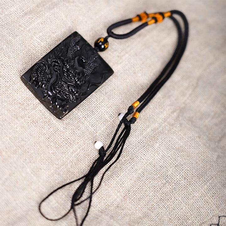 Collana con ciondolo a forma di drago rettangolare in ossidiana nera naturale Buddha Stones incisione - image 13