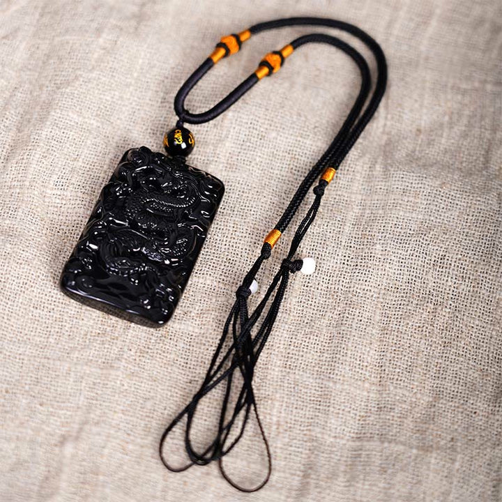 Collana con ciondolo a forma di drago rettangolare in ossidiana nera naturale Buddha Stones incisione - image 6