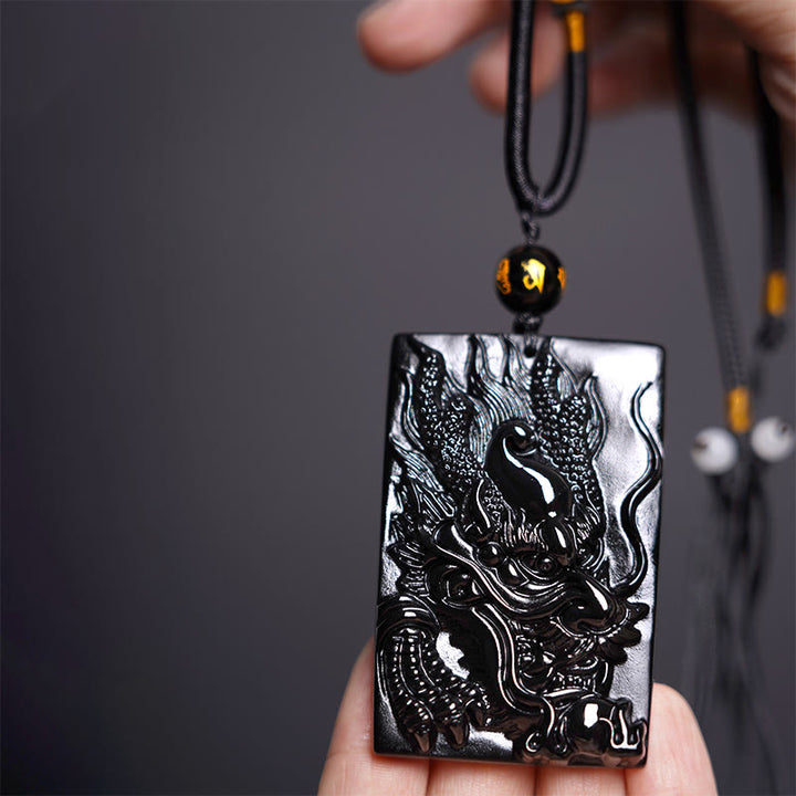 Collana con ciondolo a forma di drago rettangolare in ossidiana nera naturale Buddha Stones incisione - Drago 61mm*40mm - image 9