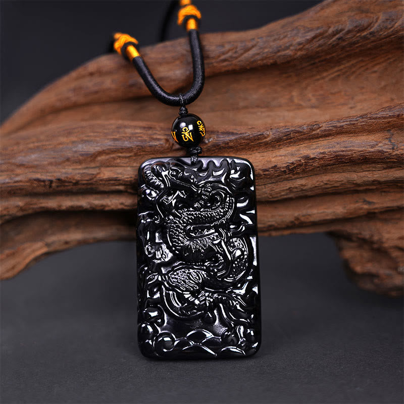 Collana con ciondolo a forma di drago rettangolare in ossidiana nera naturale Buddha Stones incisione - image 2