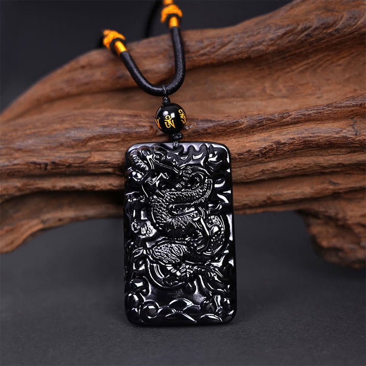 Collana con ciondolo a forma di drago rettangolare in ossidiana nera naturale Buddha Stones incisione - image 2