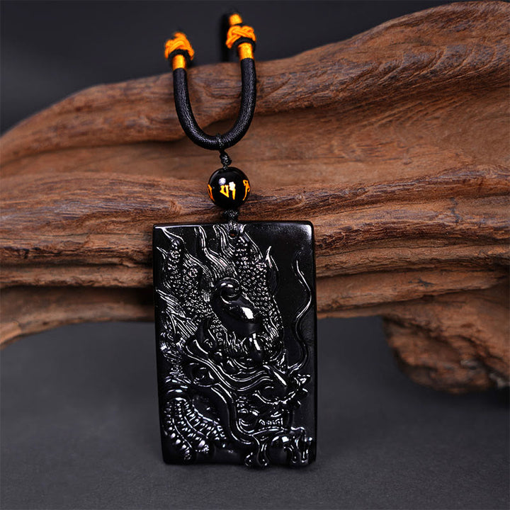 Collana con ciondolo a forma di drago rettangolare in ossidiana nera naturale Buddha Stones incisione - image 11