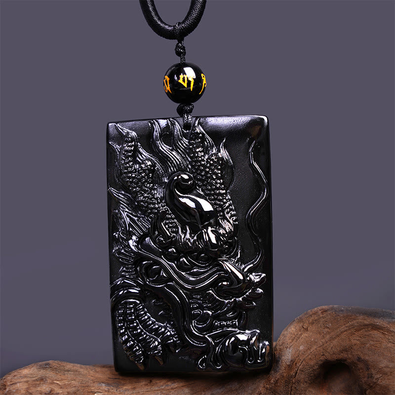 Collana con ciondolo a forma di drago rettangolare in ossidiana nera naturale Buddha Stones incisione - image 14
