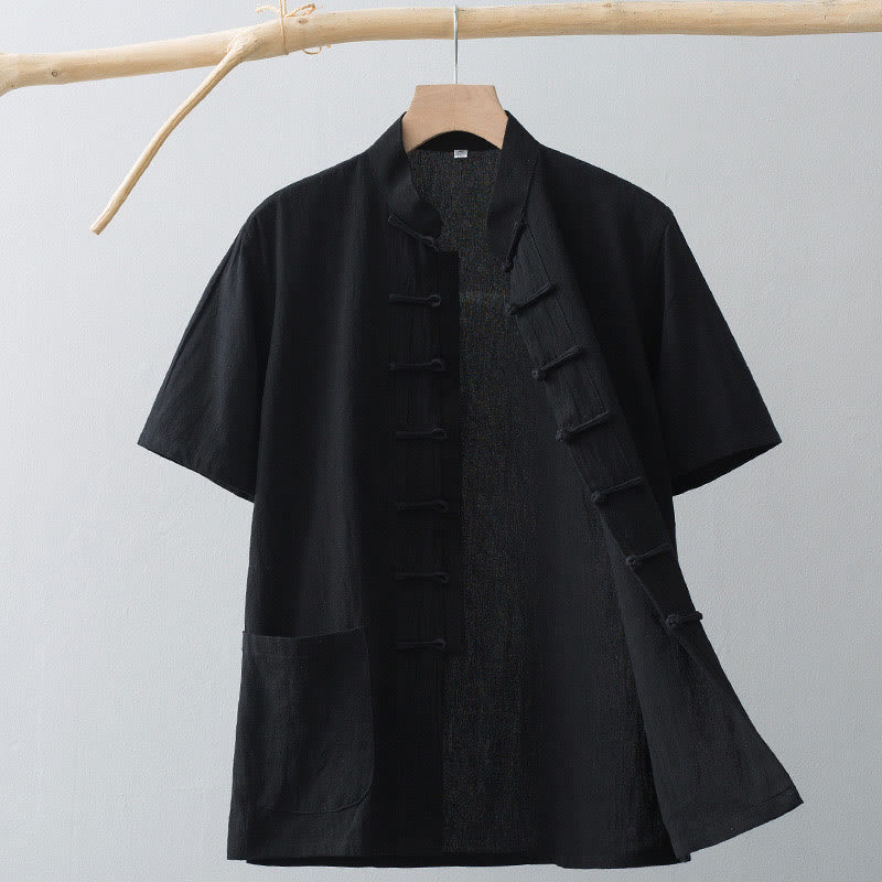 Buddha Stones Cinese Rana-Bottone Tang Suit Uomo Camicia Manica Corta Cotone Lino Abbigliamento Con Tasche - Nero - US/UK/AU44, EU54 (4XL) - image 15