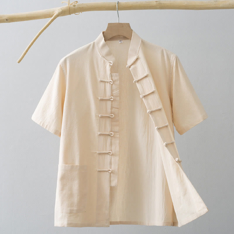 Buddha Stones Cinese Rana-Bottone Tang Suit Uomo Camicia Manica Corta Cotone Lino Abbigliamento Con Tasche - Bianco antico - US/UK/AU44, EU54 (4XL) - image 12
