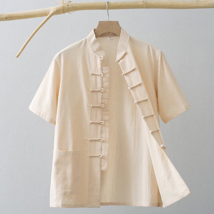 Buddha Stones Cinese Rana-Bottone Tang Suit Uomo Camicia Manica Corta Cotone Lino Abbigliamento Con Tasche - Bianco antico - US/UK/AU44, EU54 (4XL) - image 12