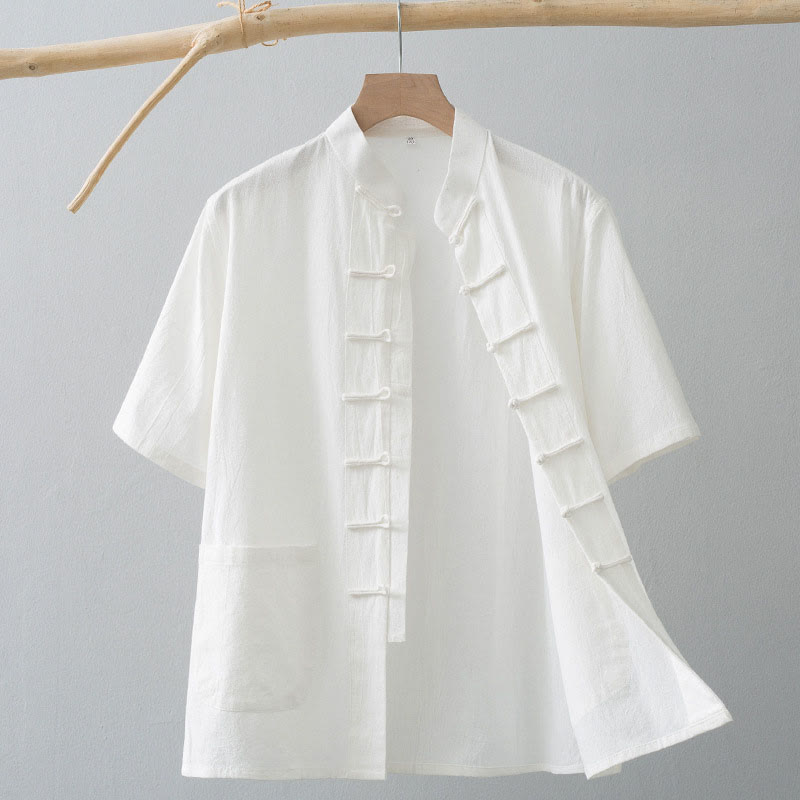 Buddha Stones Cinese Rana-Bottone Tang Suit Uomo Camicia Manica Corta Cotone Lino Abbigliamento Con Tasche - Bianco - US/UK/AU44, EU54 (4XL) - image 1
