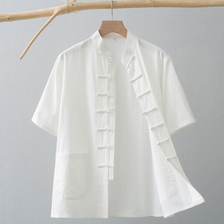 Buddha Stones Cinese Rana-Bottone Tang Suit Uomo Camicia Manica Corta Cotone Lino Abbigliamento Con Tasche - Bianco - US/UK/AU44, EU54 (4XL) - image 1