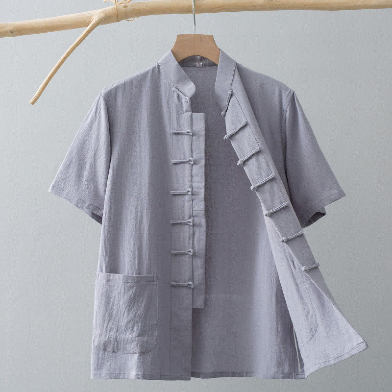 Buddha Stones Cinese Rana-Bottone Tang Suit Uomo Camicia Manica Corta Cotone Lino Abbigliamento Con Tasche - Grigio chiaro - US/UK/AU44, EU54 (4XL) - image 10