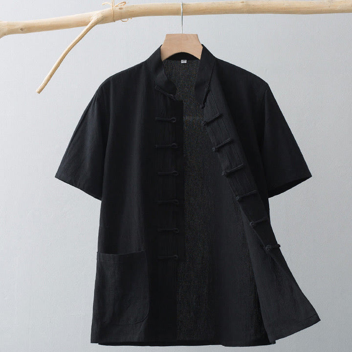 Buddha Stones Cinese Rana-Bottone Tang Suit Uomo Camicia Manica Corta Cotone Lino Abbigliamento Con Tasche - Nero - US/UK/AU44, EU54 (4XL) - image 16