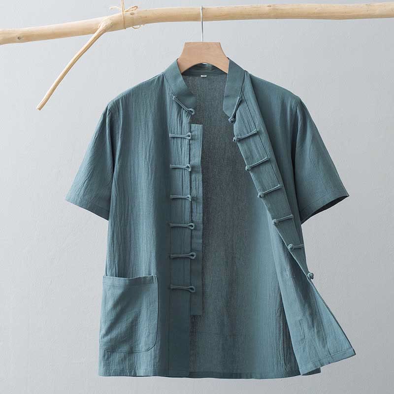 Buddha Stones Cinese Rana-Bottone Tang Suit Uomo Camicia Manica Corta Cotone Lino Abbigliamento Con Tasche - CadetBlue - US/UK/AU44, EU54 (4XL) - image 8