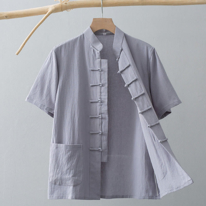 Buddha Stones Cinese Rana-Bottone Tang Suit Uomo Camicia Manica Corta Cotone Lino Abbigliamento Con Tasche - Grigio chiaro - US/UK/AU44, EU54 (4XL) - image 9