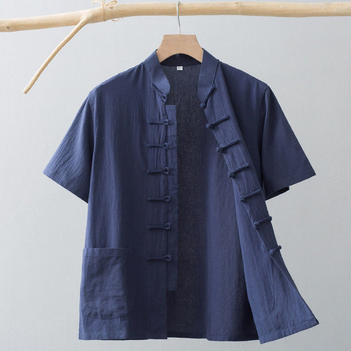 Buddha Stones Cinese Rana-Bottone Tang Suit Uomo Camicia Manica Corta Cotone Lino Abbigliamento Con Tasche - SteelBlue - US/UK/AU44, EU54 (4XL) - image 14