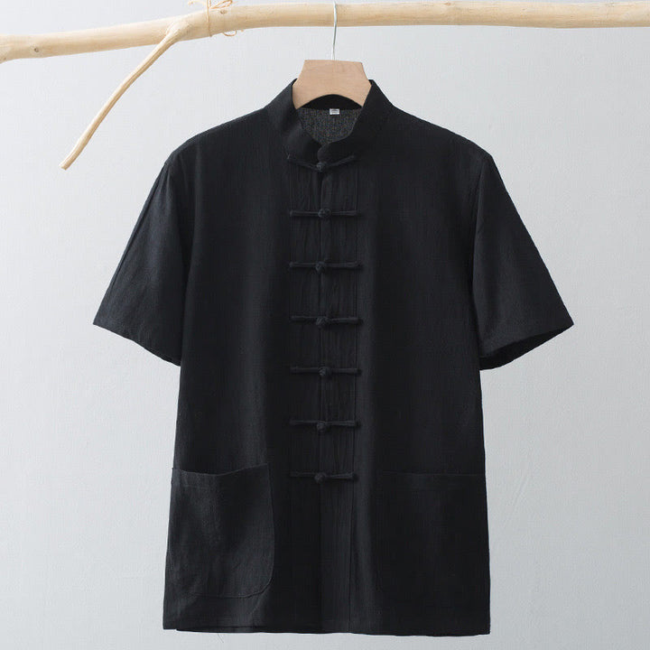 Buddha Stones Cinese Rana-Bottone Tang Suit Uomo Camicia Manica Corta Cotone Lino Abbigliamento Con Tasche - image 17