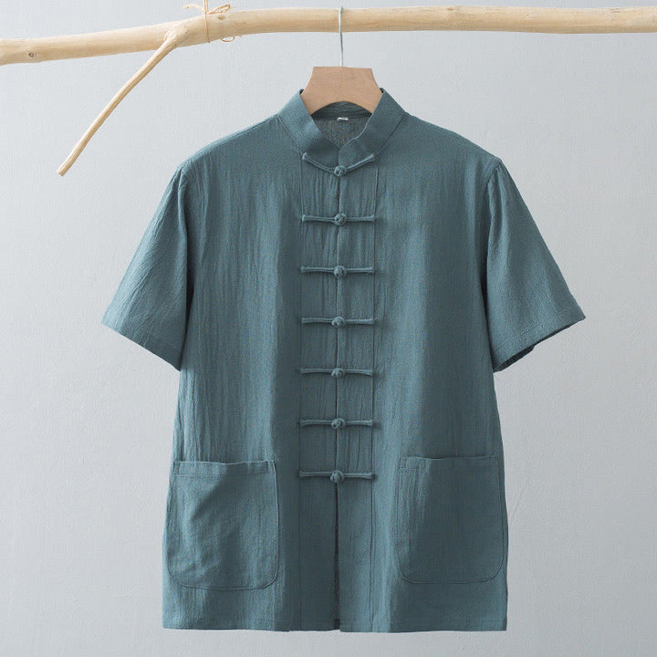 Buddha Stones Cinese Rana-Bottone Tang Suit Uomo Camicia Manica Corta Cotone Lino Abbigliamento Con Tasche - image 8
