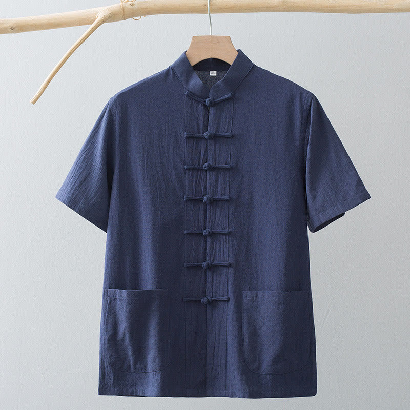 Buddha Stones Cinese Rana-Bottone Tang Suit Uomo Camicia Manica Corta Cotone Lino Abbigliamento Con Tasche - image 15