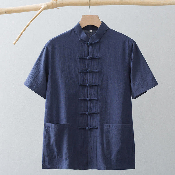 Buddha Stones Cinese Rana-Bottone Tang Suit Uomo Camicia Manica Corta Cotone Lino Abbigliamento Con Tasche - image 15