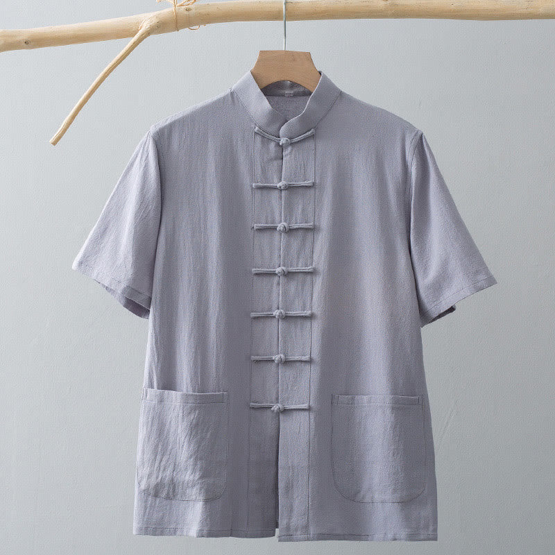 Buddha Stones Cinese Rana-Bottone Tang Suit Uomo Camicia Manica Corta Cotone Lino Abbigliamento Con Tasche - image 10