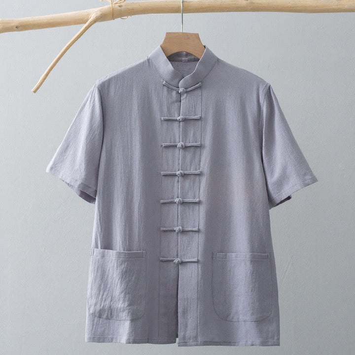 Buddha Stones Cinese Rana-Bottone Tang Suit Uomo Camicia Manica Corta Cotone Lino Abbigliamento Con Tasche - image 10