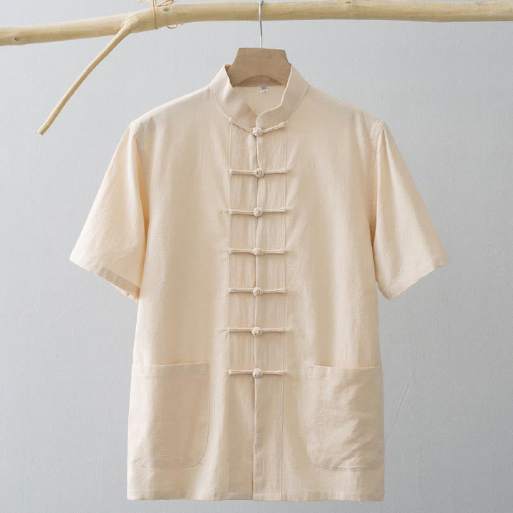 Buddha Stones Cinese Rana-Bottone Tang Suit Uomo Camicia Manica Corta Cotone Lino Abbigliamento Con Tasche - image 13