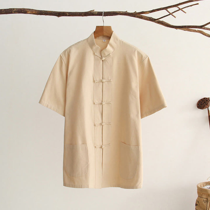 Camicia da uomo in cotone a maniche corte con bottoni a forma di rana cinese Buddha Stones Tang Suit con tasche - Biscotto - US/UK/AU44, EU54 (4XL) - image 11