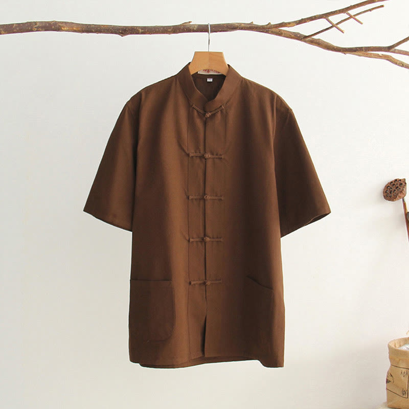 Camicia da uomo in cotone a maniche corte con bottoni a forma di rana cinese Buddha Stones Tang Suit con tasche - Marrone sella - US/UK/AU44, EU54 (4XL) - image 23
