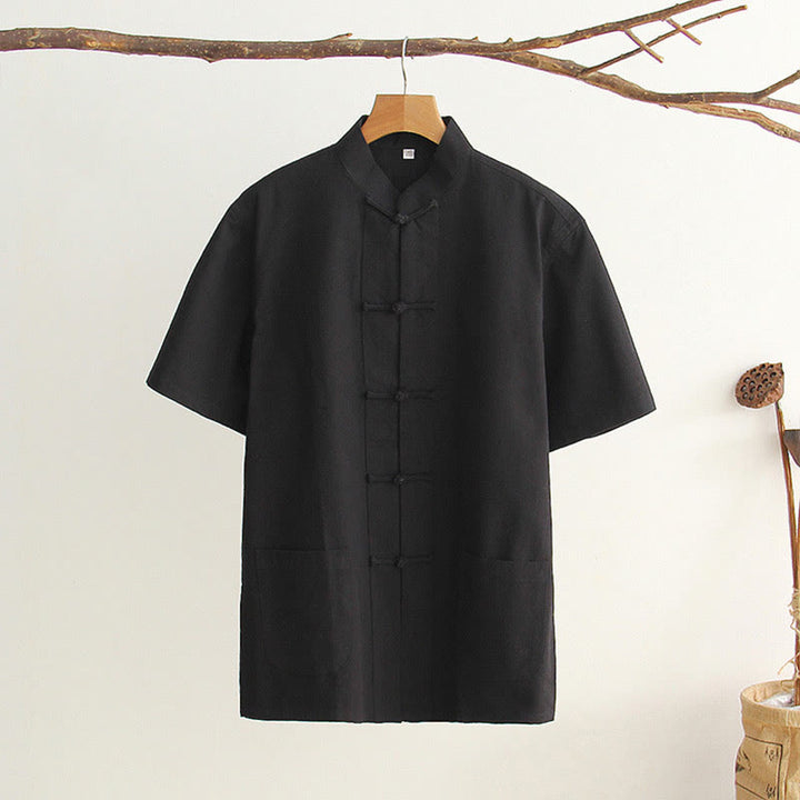 Camicia da uomo in cotone a maniche corte con bottoni a forma di rana cinese Buddha Stones Tang Suit con tasche - Nero - US/UK/AU44, EU54 (4XL) - image 19
