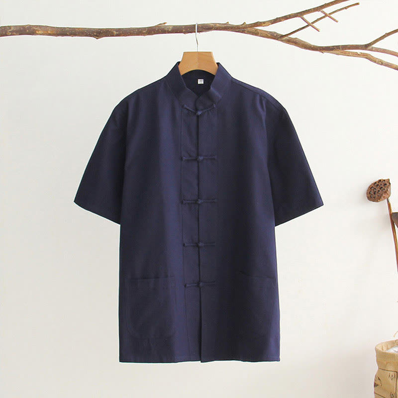Camicia da uomo in cotone a maniche corte con bottoni a forma di rana cinese Buddha Stones Tang Suit con tasche - Blu notte - US/UK/AU44, EU54 (4XL) - image 13