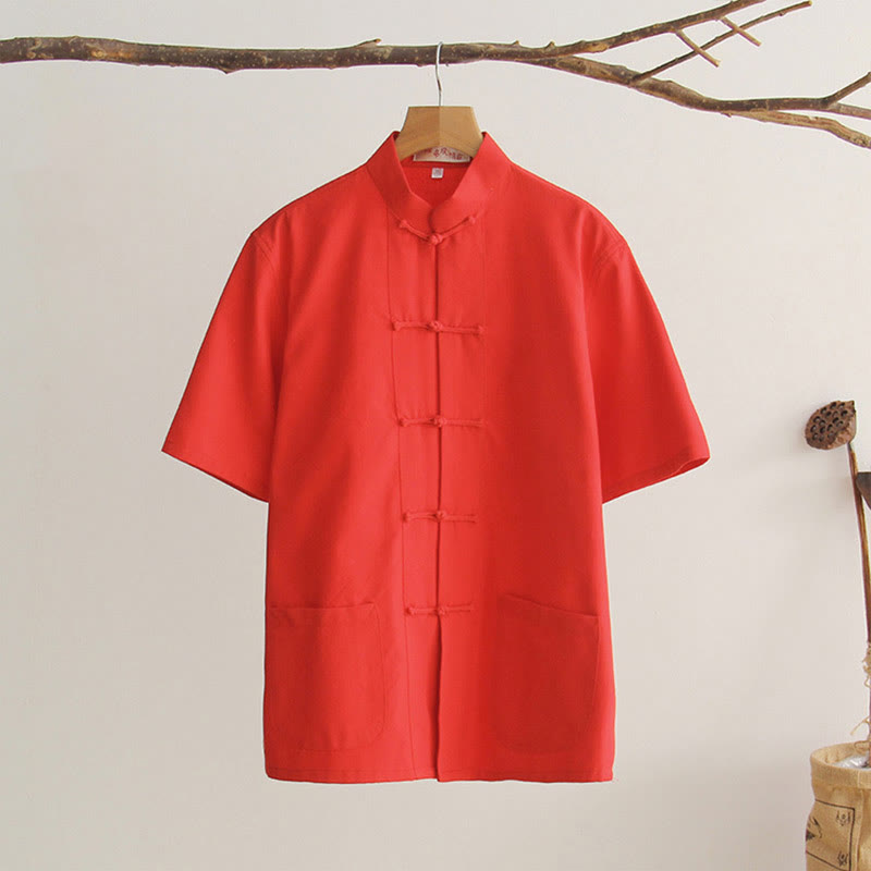 Camicia da uomo in cotone a maniche corte con bottoni a forma di rana cinese Buddha Stones Tang Suit con tasche - Arancione Rosso - US/UK/AU44, EU54 (4XL) - image 15