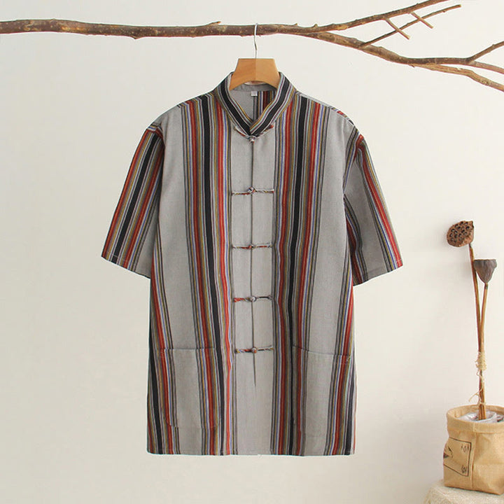 Camicia da uomo in cotone a maniche corte con bottoni a forma di rana cinese Buddha Stones Tang Suit con tasche - Grigio scuro - US/UK/AU44, EU54 (4XL) - image 24