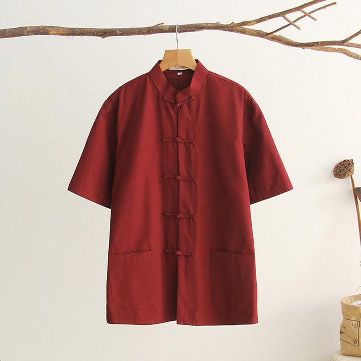 Camicia da uomo in cotone a maniche corte con bottoni a forma di rana cinese Buddha Stones Tang Suit con tasche - IndianRed - US/UK/AU44, EU54 (4XL) - image 16