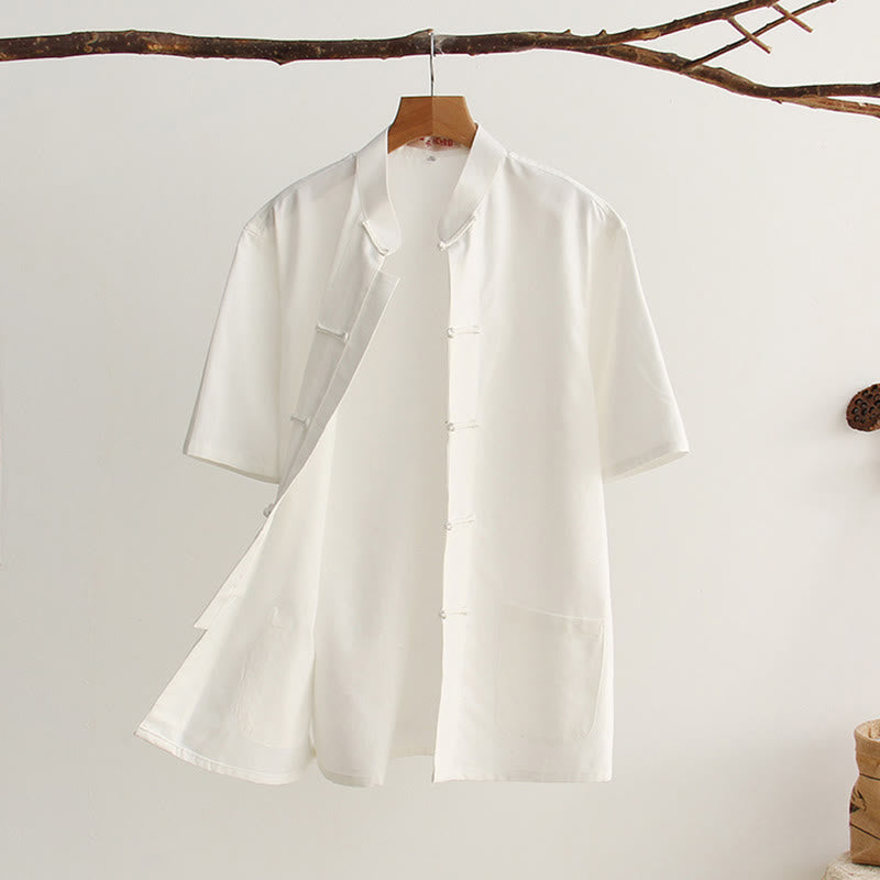 Camicia da uomo in cotone a maniche corte con bottoni a forma di rana cinese Buddha Stones Tang Suit con tasche - Bianco - US/UK/AU44, EU54 (4XL) - image 1
