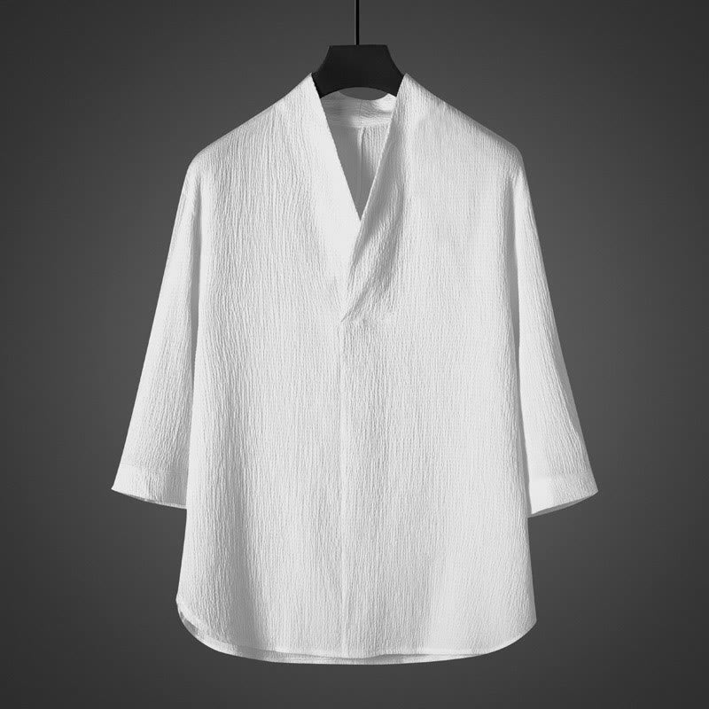 Camicia da uomo casual con scollo a V e maniche a tre quarti con Buddha Stones - Bianco - US/UK/AU46, EU56 (5XL) - image 0