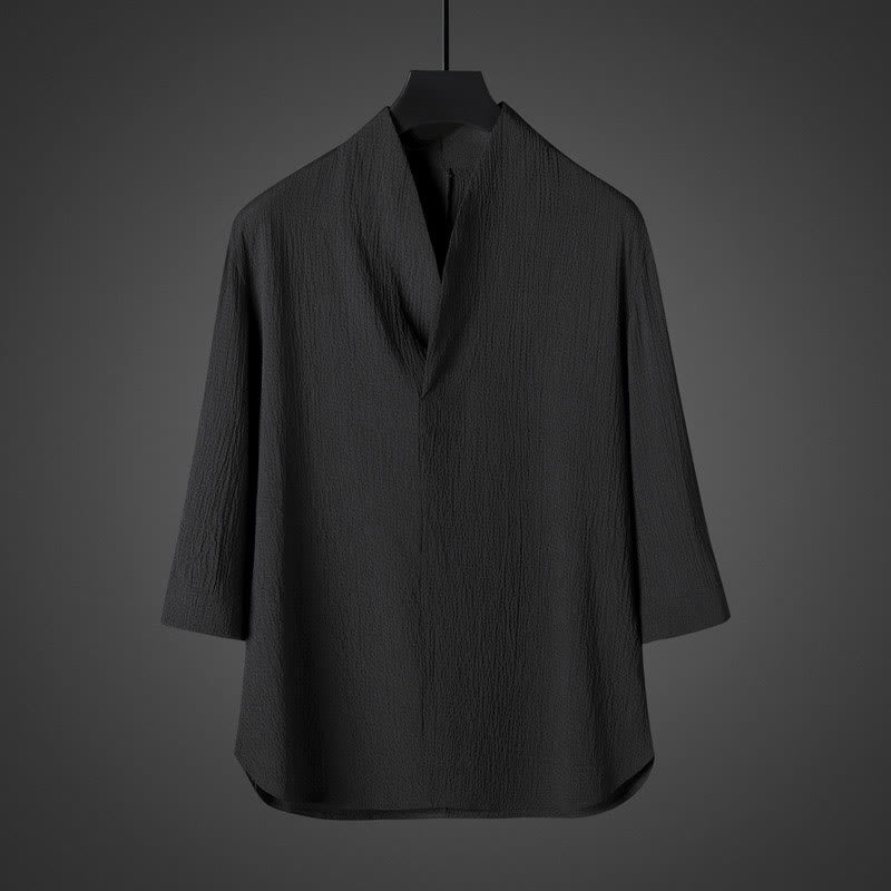 Camicia da uomo casual in lino con scollo a V e maniche a tre quarti , Buddha Stones
