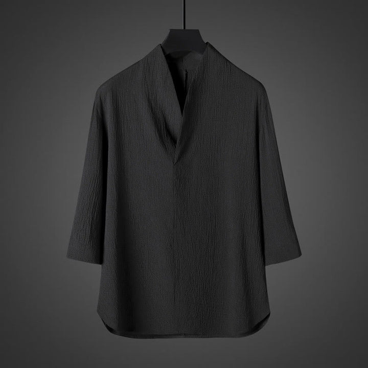 Camicia da uomo casual in lino con scollo a V e maniche a tre quarti , Buddha Stones