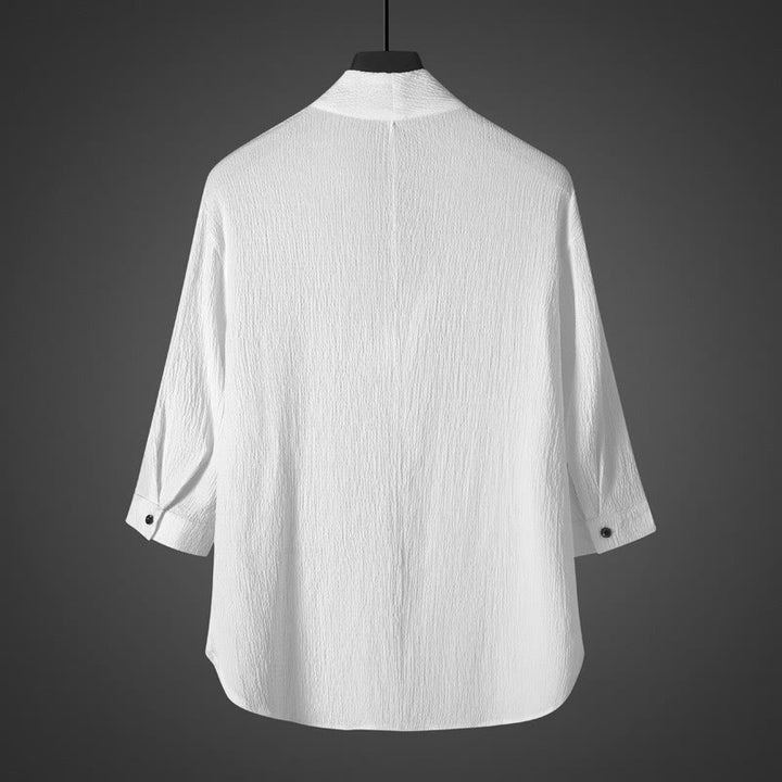 Camicia da uomo casual in lino con scollo a V e maniche a tre quarti , Buddha Stones