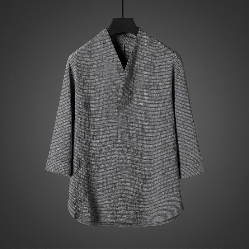 Camicia da uomo casual con scollo a V e maniche a tre quarti con Buddha Stones - Grigio scuro - US/UK/AU46, EU56 (5XL) - image 2