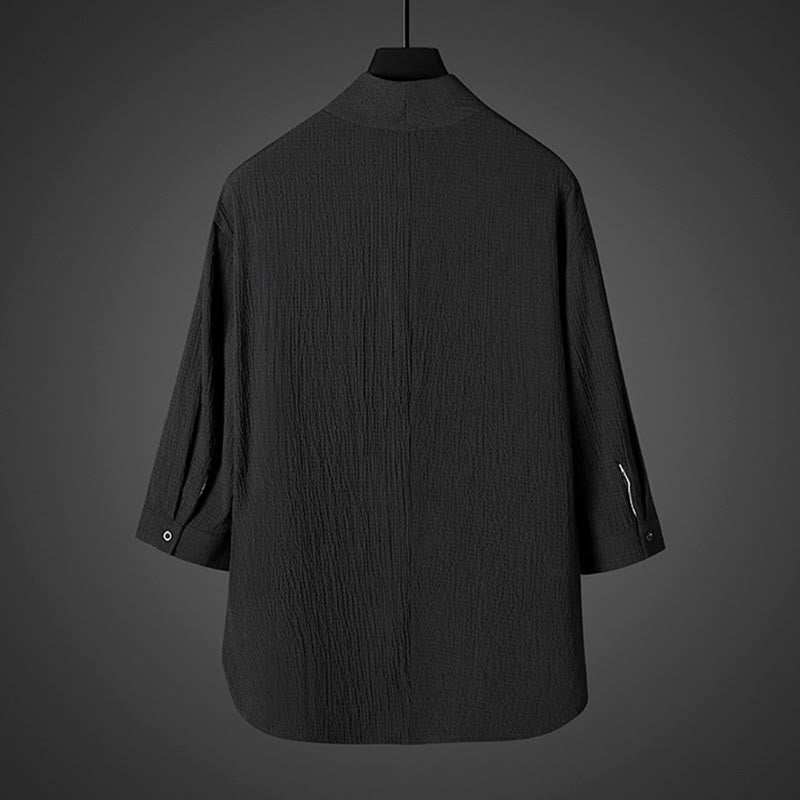 Camicia da uomo casual in lino con scollo a V e maniche a tre quarti , Buddha Stones