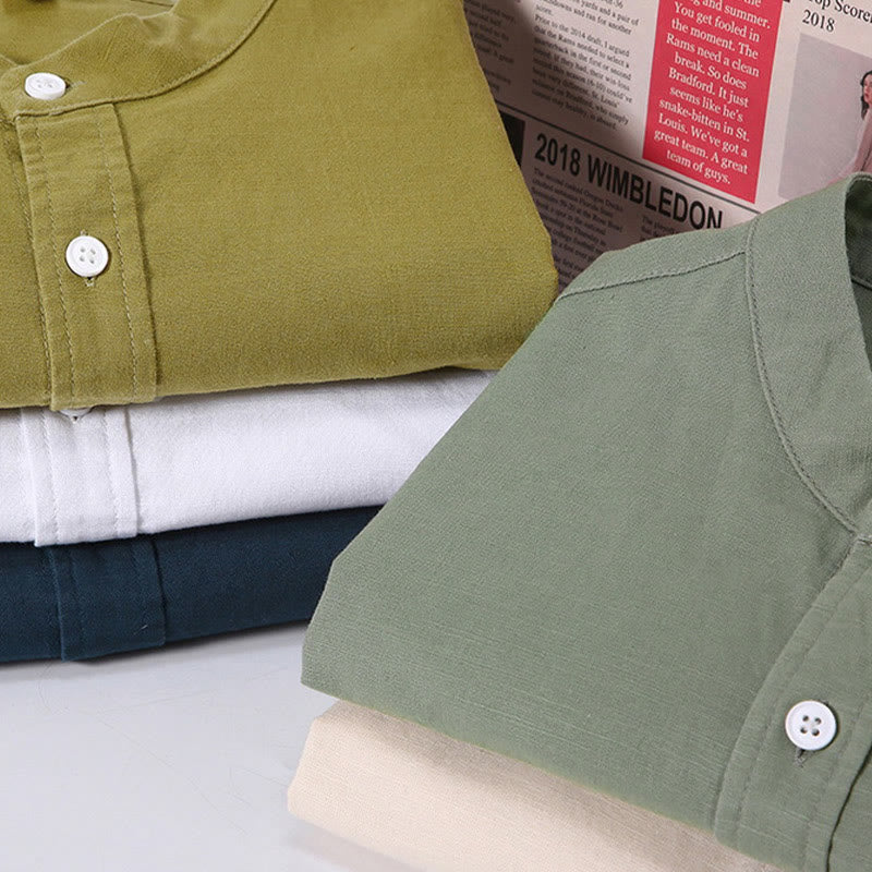 Camicia da uomo in cotone e lino con bottoni a maniche corte, estiva , Buddha Stones - image 1